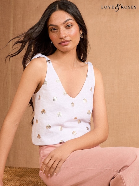 Love & Roses Ivory Tie Shoulder Foil Print 100% Cotton Jersey Vest (AU8384) | 1,202 UAH