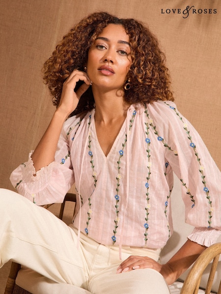 Love & Roses Pink Embroidered Notch Neck 3/4 Sleeve Blouse (AU8385) | €53