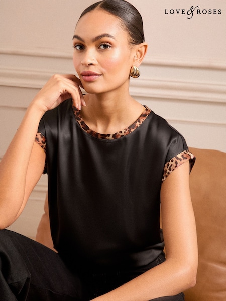 Love & Roses Black and Animal Print Satin Front Jersey Back Crew Neck Top (AU8390) | $44