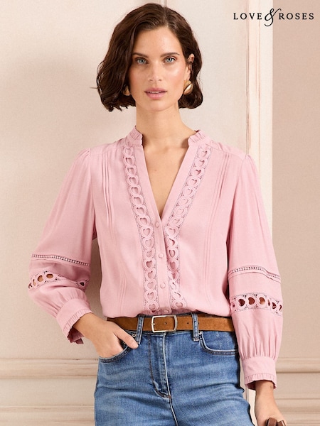 Poskipuna Vaaleanpunainen - Love & Roses Sydän Trim Pintuck Notch Neck 3/4 3/4-hiha Pusero (AU8420) | €61