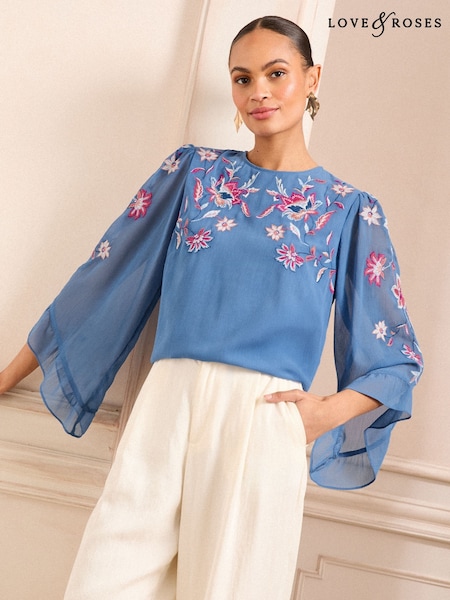 Love & Roses Cobalt Blue Embroidered Crew Neck Flute Sleeve Blouse (AU8424) | DKK465