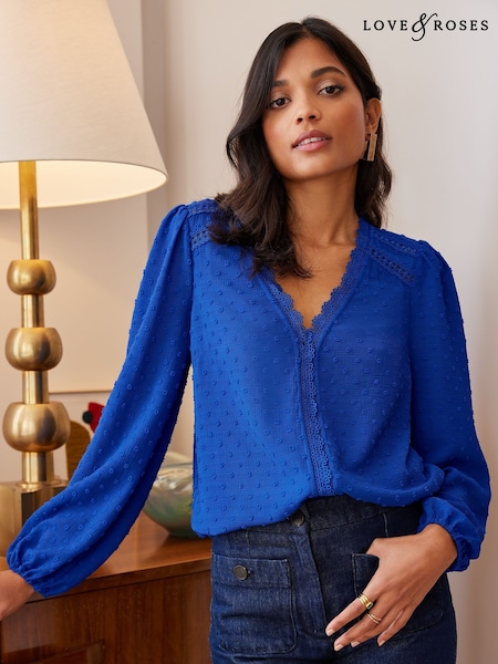 Albastru cobalt - Love & Roses V-Neck Lace Long Sleeve Dobby Blouse (AU8426) | 261 LEI