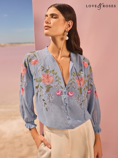 Albastru - V&A I Love & Roses Floral Print Embroidered Metallic 3/4 Sleeve V-Neckline Blouse (AU8427) | 357 LEI