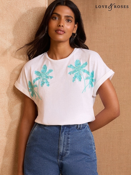 White and Blue Embellished Palm - Tricou Love & Roses Tricou la baza gâtului Jerseu (AU8434) | 209 LEI