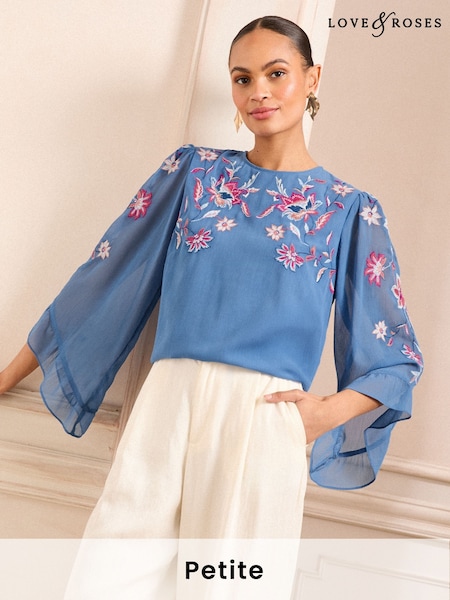 Love & Roses Cobalt Blue Petite Embroidered Crew Neck Flute Sleeve Blouse (AU8442) | AED268