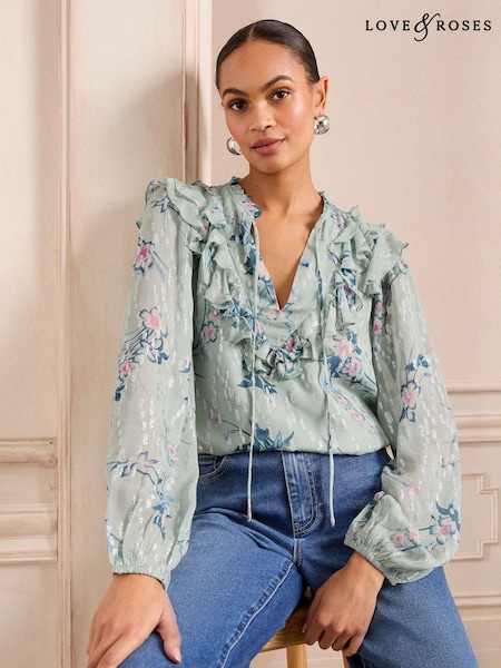 Metalic din salvie - Love & Roses Volănașe Cravată Neck Mânecă lungă Bluză (AU8449) | 328 LEI