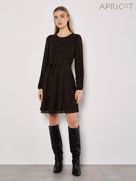Apricot Black Pleated Sleeve Polkadot Dress (AU8563) | €50