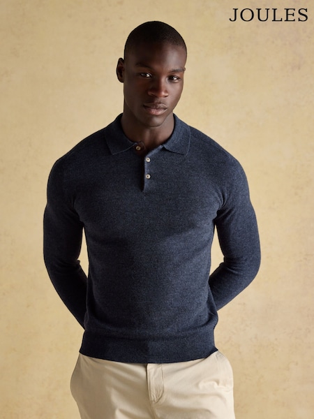 Joules Lambswool Sampson Navy Long Sleeve Knitted Polo Shirt (AU8649) | R$ 590