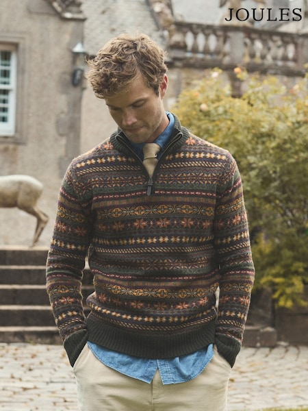 Milligan Wool-Rich Green Quarter Zip Fair Isle Jumper (AU8662) | €99