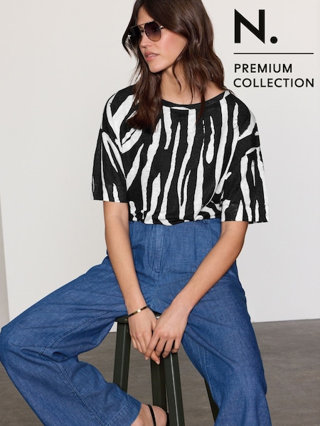 White/Black Zebra Print 100% Linen Premium Short Sleeve Crew Neck T-Shirt (AU8690) | €54