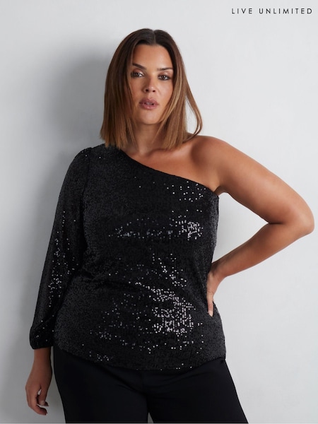 Live Unlimited Black Curve Sequin One Shoulder Top (AU8923) | €40