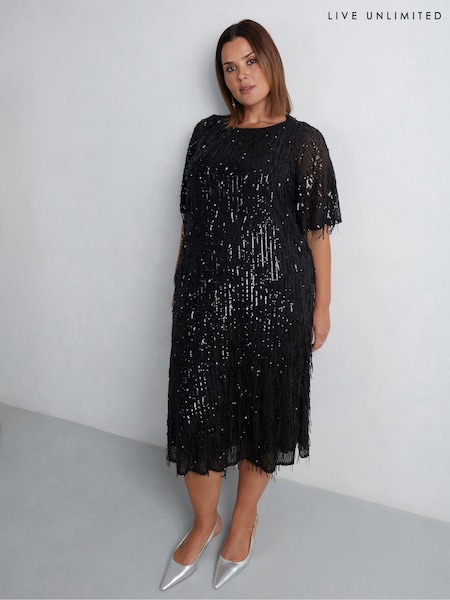 Live Unlimited Black Curve Fringe Sequin Midi Dress (AU8927) | $238