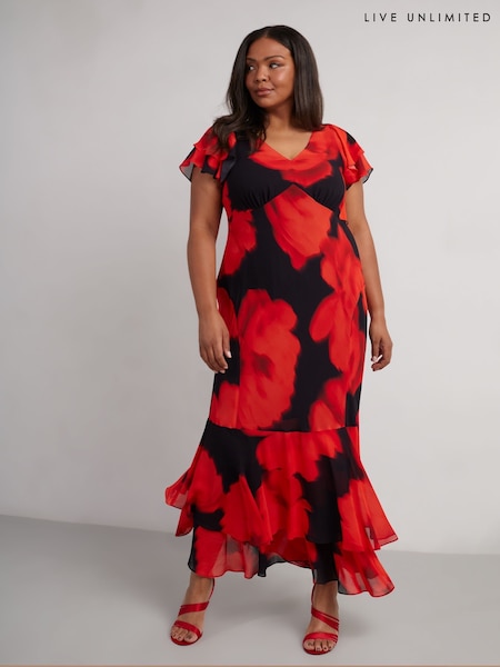Live Unlimited Petite Floral Ruffle Shoulder Maxi Dress (AU8954) | €142