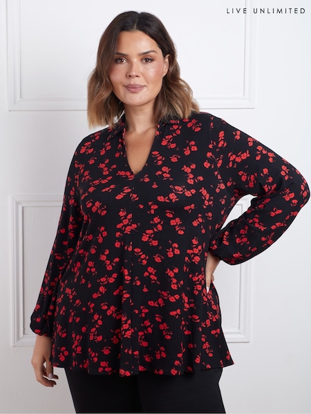 Live Unlimited Red Petite Floral Print Open Collared Top (AU8959) | €37