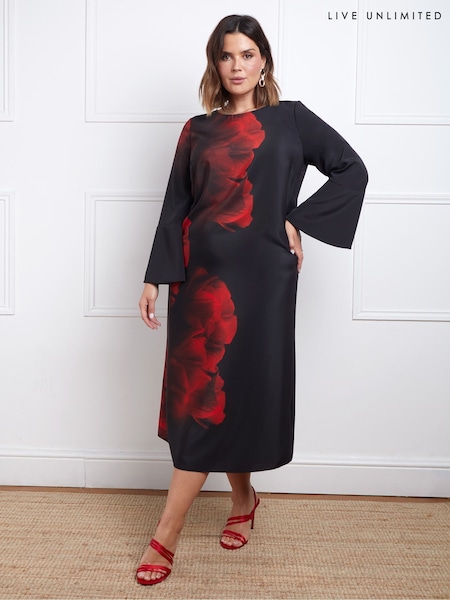 Live Unlimited Black Floral Print Flared Sleeve Midaxi Dress (AU8964) | R$ 1,075