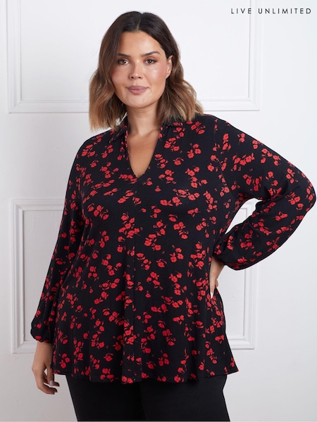 Live Unlimited Red Floral Print Open Collared Top (AU8965) | €30