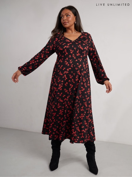 Live Unlimited Red Floral Print Jersey V-Neck Midi Dress (AU8973) | €37