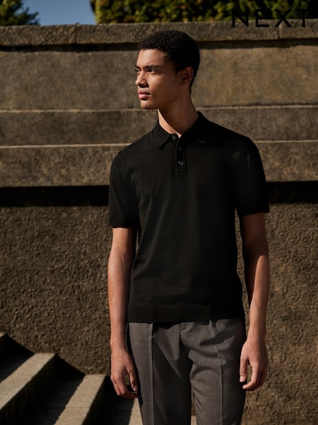 Black Stag Logo Regular Fit Cotton Rich Short Sleeve Knit Polo Shirt (AU9045) | 119 QAR
