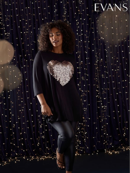 Evans 3/4 Sleeve Embellished Cut & Sew Black Top (AU9194) | 51 €