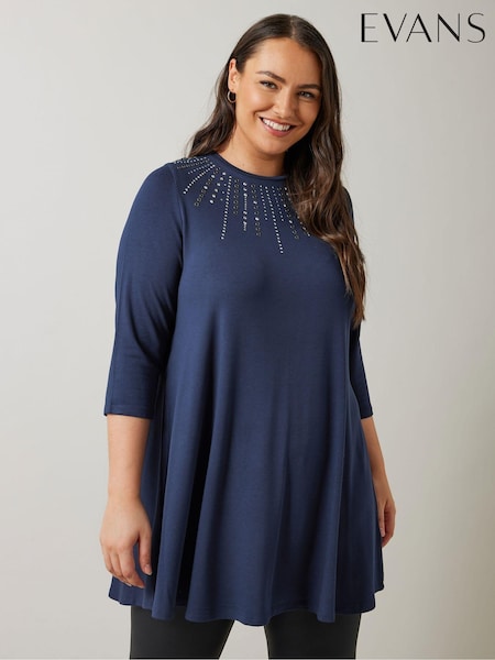 Evans 3/4 Sleeve Embellished Cut And Sew Black Top (AU9197) | €21.50