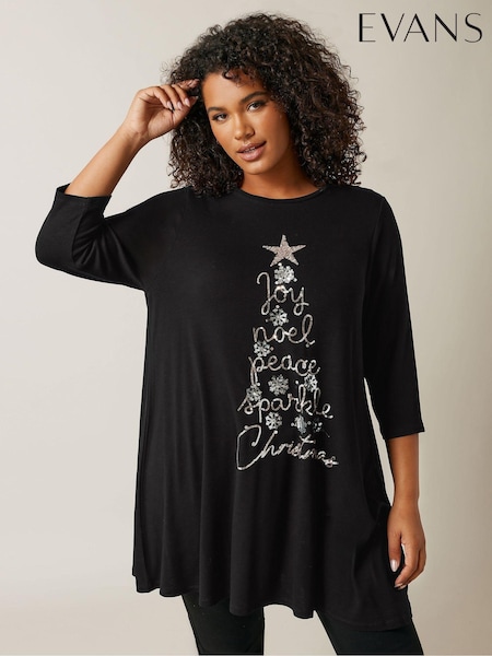 Evans 3/4 Sleeve Chrsitmas Embellished Cut And Sew Black Top (AU9201) | ‏105 د.إ.‏