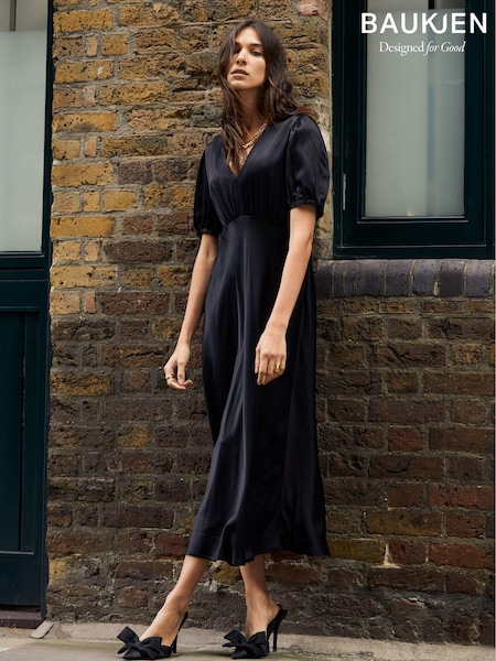 Baukjen Cathy Satin V-Neck Black Midi Dress (AU9297) | €132