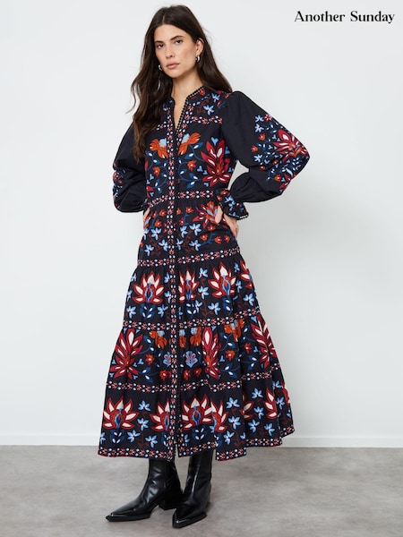 Another Sunday Floral Print Lace Trim Button Through 100% Cotton Tiered Black Midi Dress (AU9313) | $117