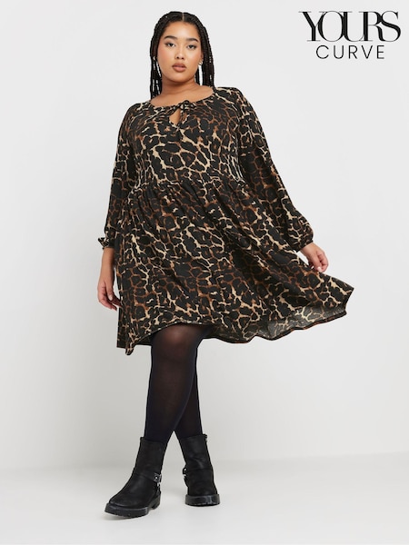 Yours Curve Brown Leopard Print Tie Neck Textured Dress (AU9338) | €46