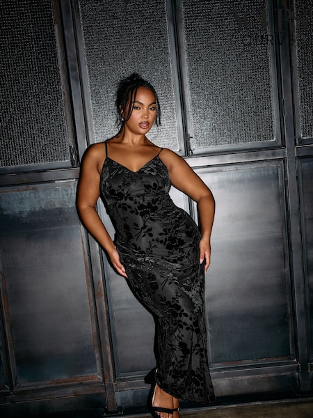 Yours Curve Black Velour Floral Midaxi Slip Dress (AU9339) | $115
