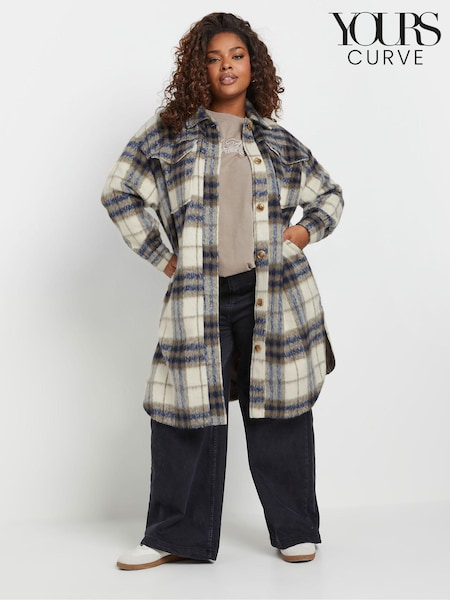 Yours Curve Blue Longline Checked Shacket (AU9342) | $103