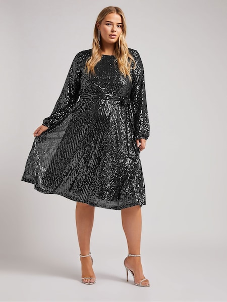 Yours Curve Silver London Sequin Long Sleeve Skater Dress (AU9364) | 156 QAR