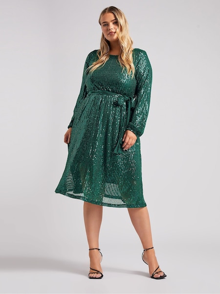 Yours Curve Green London Sequin Long Sleeve Skater Dress (AU9371) | 156 QAR