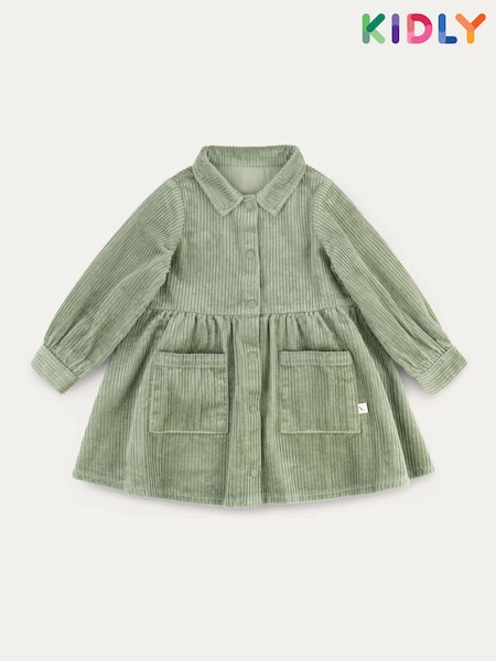 KIDLY Green 100% Organic Cotton Corduroy Shirt Dress (AU9589) | 133 LEI