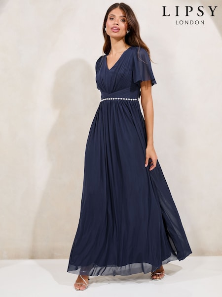 Темно-синий - Lipsy Short Sleeve Pearl Trim Mesh Maxi Bridesmaid Dress (AU9590) | €146