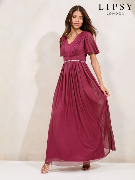 Ягодно-красный - Lipsy Short Sleeve Pearl Trim Mesh Maxi Bridesmaid Dress (AU9642) | €146