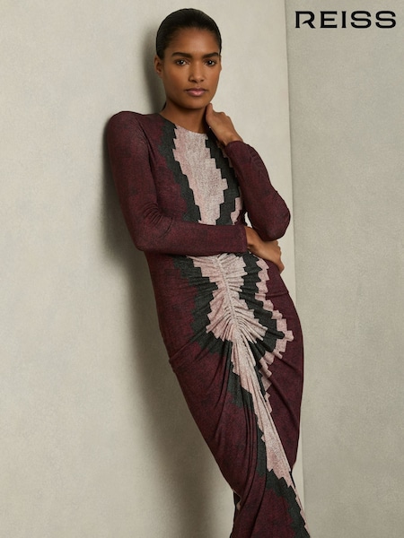 Burgundia - Reiss Georgia Printed Jersey Ruched Midi Dress (AU9680) | €312