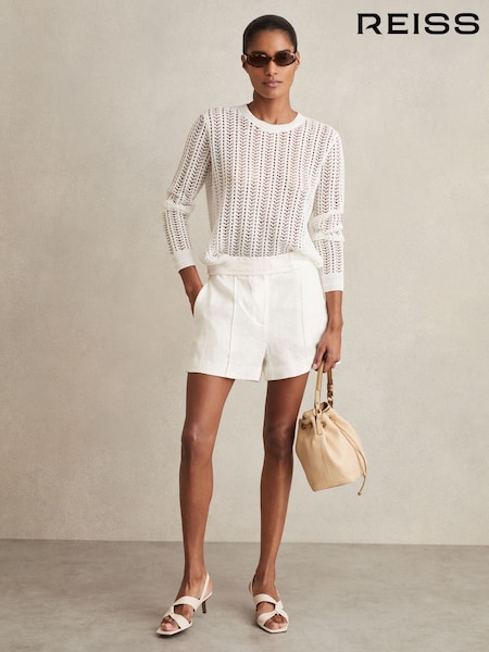 Reiss White Fawn Linen Whipstitch Shorts (AU9681) | ₪948