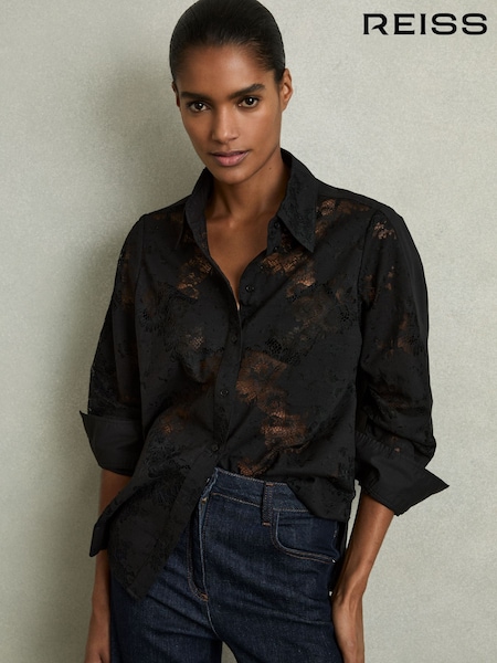 Reiss Black Lacey Lace-Front Shirt With Cotton (AU9684) | ₪1,079