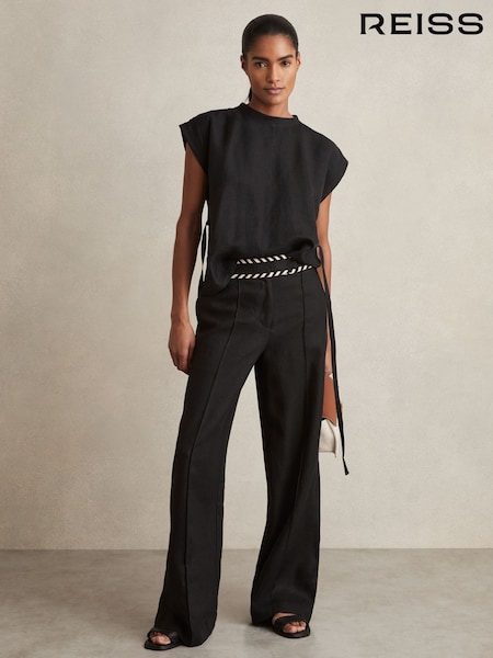 Negru - Pantaloni Reiss Fawn evazați din lenjerie de pat cu cusătură decorativă (AU9685) | 1,469 LEI