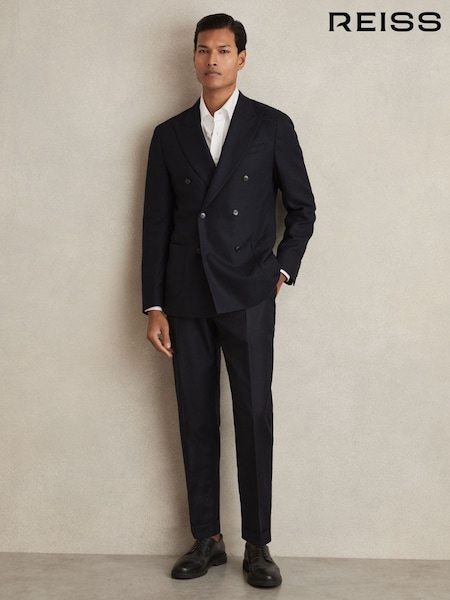 Reiss Navy Club Slim-Fit Double-Breasted Textured Wool-Blend Suit Blazer (AU9689) | 2,426 QAR