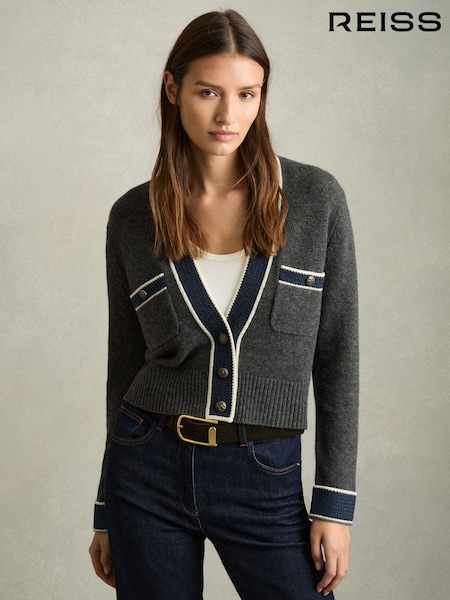 Reiss Charcoal Eloise Wool-Cashmere Tipped V-Neck Cardigan (AU9693) | €195