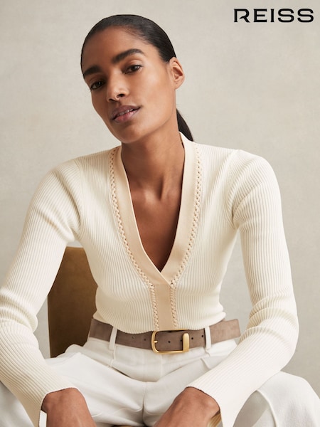 Reiss Ivory Lauri Ribbed Knit Craft Stitch Top (AU9708) | €195