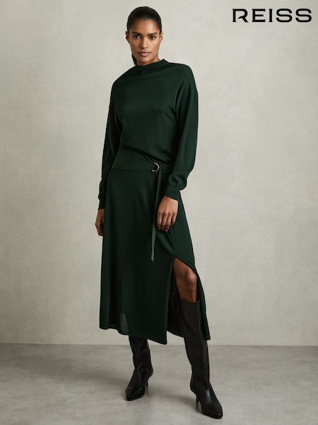 Reiss Dark Green Alina Compact-Knit Belted Midi Dress (AU9710) | €245