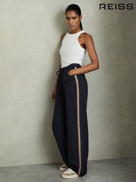 Reiss Navy Inaya Petite Wide-Leg Embroidered Trousers (AU9716) | €240
