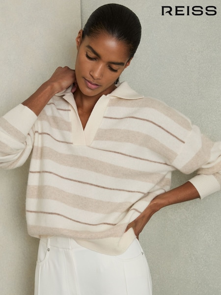 Reiss Neutral Sami Wool-Cashmere Stripe Open-Collar Jumper (AU9718) | kr2 807