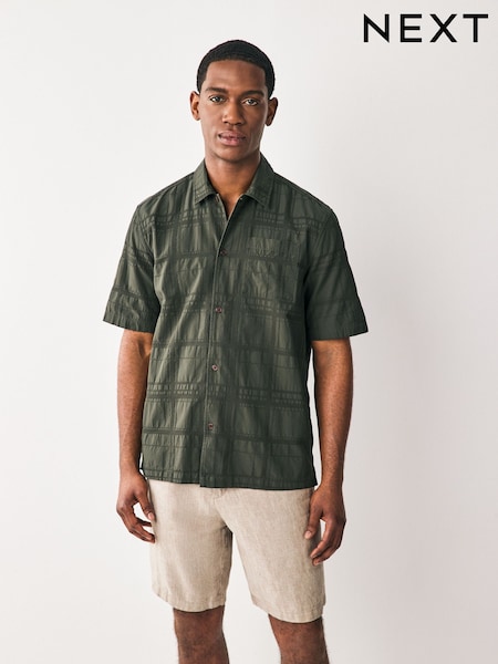 Green 100% Cotton Textured Check Short Sleeve Shirt (AU9722) | €37