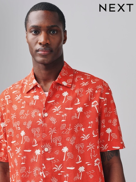 Red Palm Tree Conversational Printed Short Sleeve Shirt (AU9810) | €34