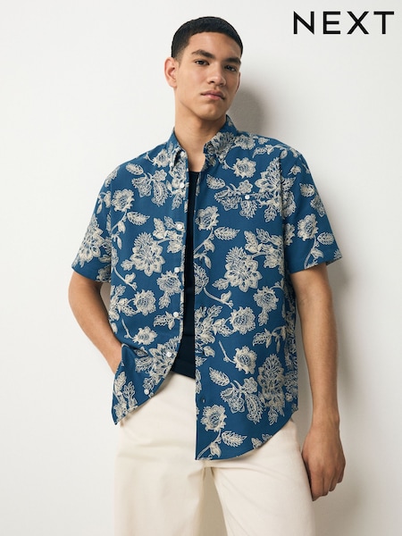 Blue 100% Cotton Textured Floral Print Short Sleeve Shirt (AU9835) | €37