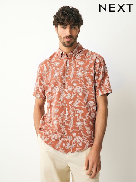Rust Red 100% Cotton Textured Floral Print Short Sleeve Shirt (AU9836) | €36
