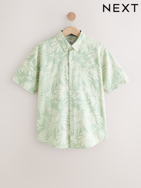 Green 100% Cotton Textured Floral Print Short Sleeve Shirt (AU9837) | €37